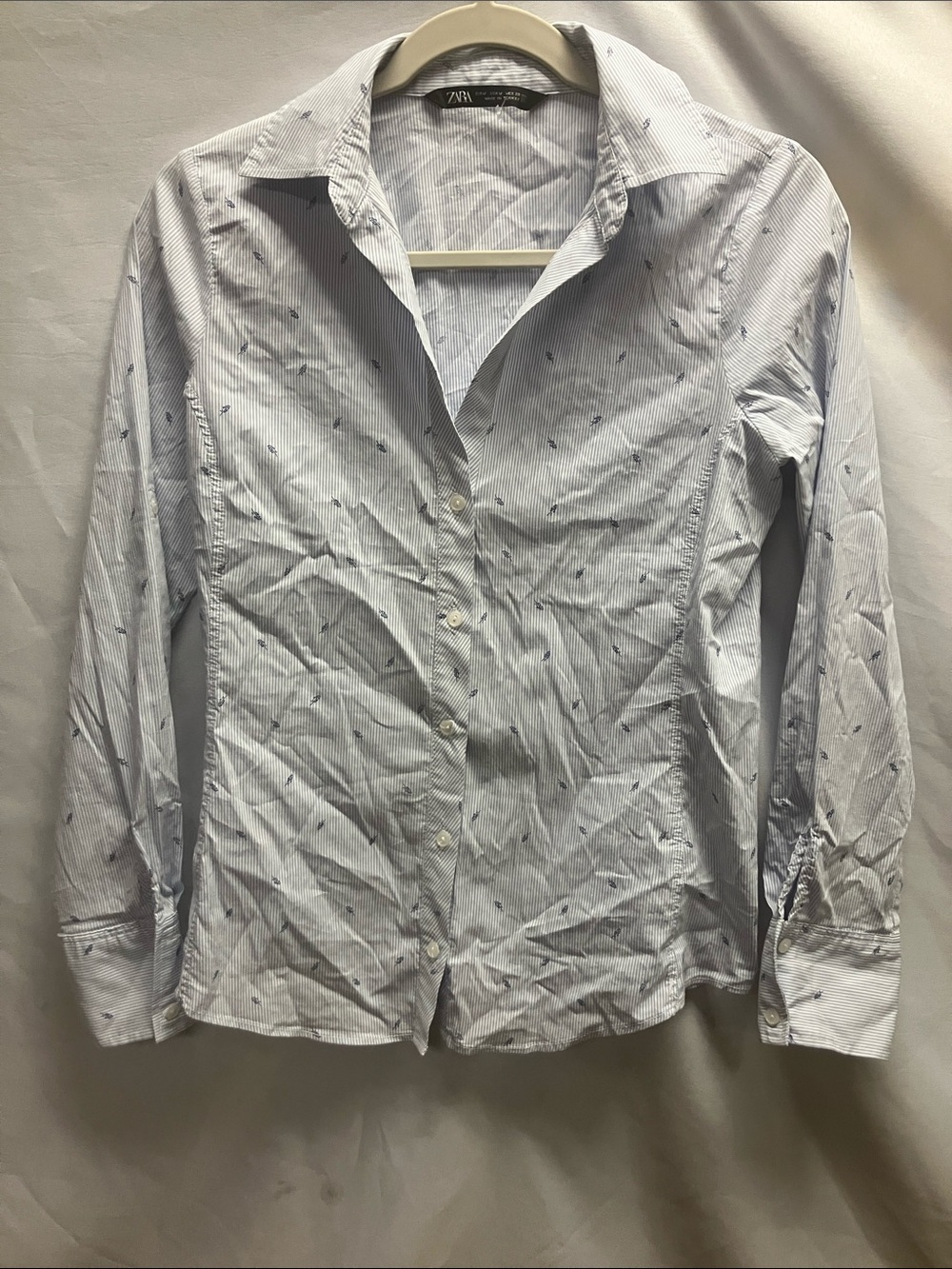 Zara Pale Blue Pinstripe Shirt with Tiny Navy Motifs